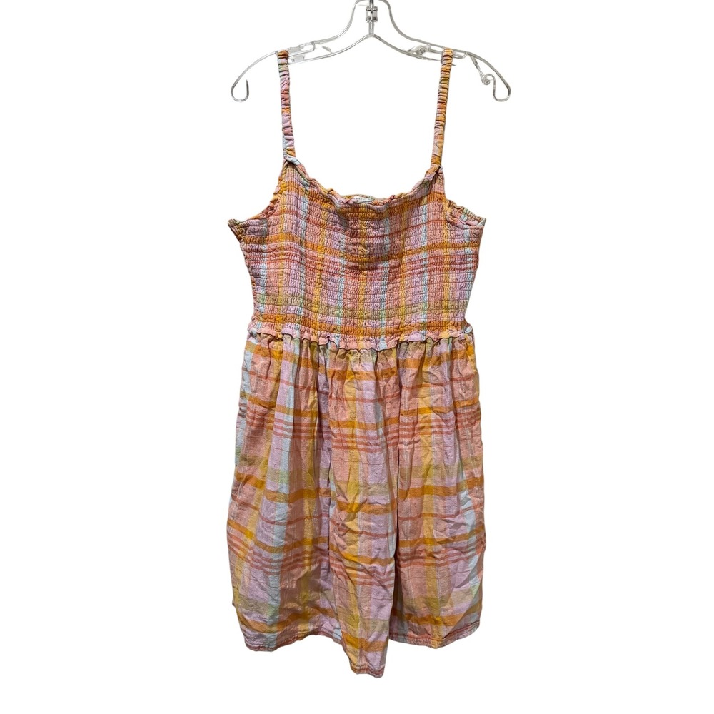 American Eagle Plaid Linen Smocked Mini Dress XXL Orange Pink Yellow Back Cutout